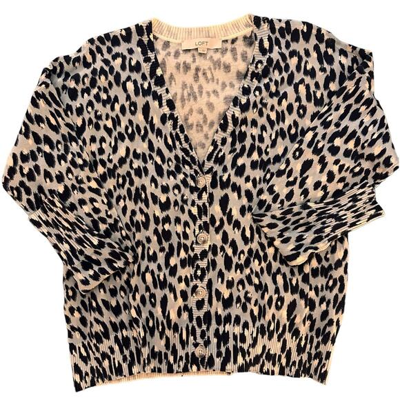 LOFT Relaxed Fit Animal Print V-Neck Cardigan, size Small - Picture 1 of 10